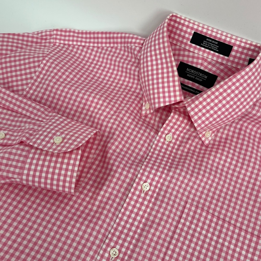 Nordstrom Mens Shop Pink Gingham Non-Iron Cotton Dress Shirt 15.5-34 Traditional